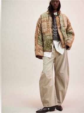 Free People Quilted Patchwork Jacket in Olive & Tan Bandana